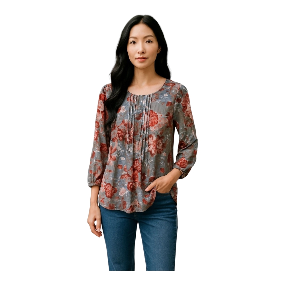 Daniel Rainn Floral Gray and Red Women's Top